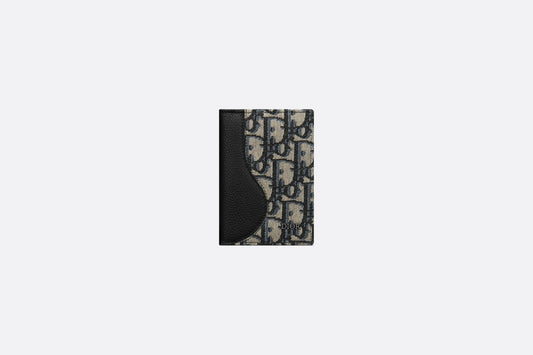 Saddle Bi-Fold Card Holder • Black Grained Calfskin Leather Marquetry with Beige and Black Dior Oblique Jacquard