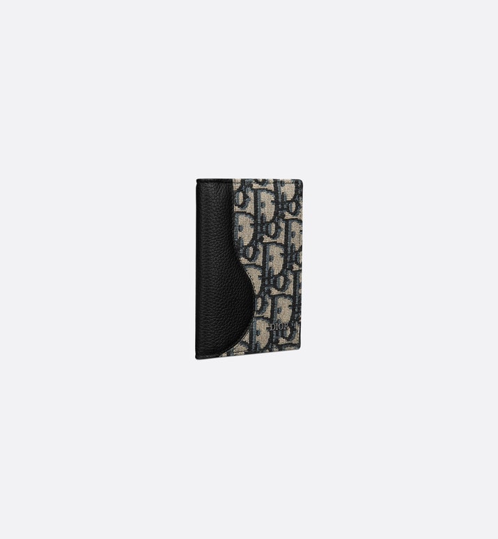 Saddle Bi-Fold Card Holder • Black Grained Calfskin Leather Marquetry with Beige and Black Dior Oblique Jacquard