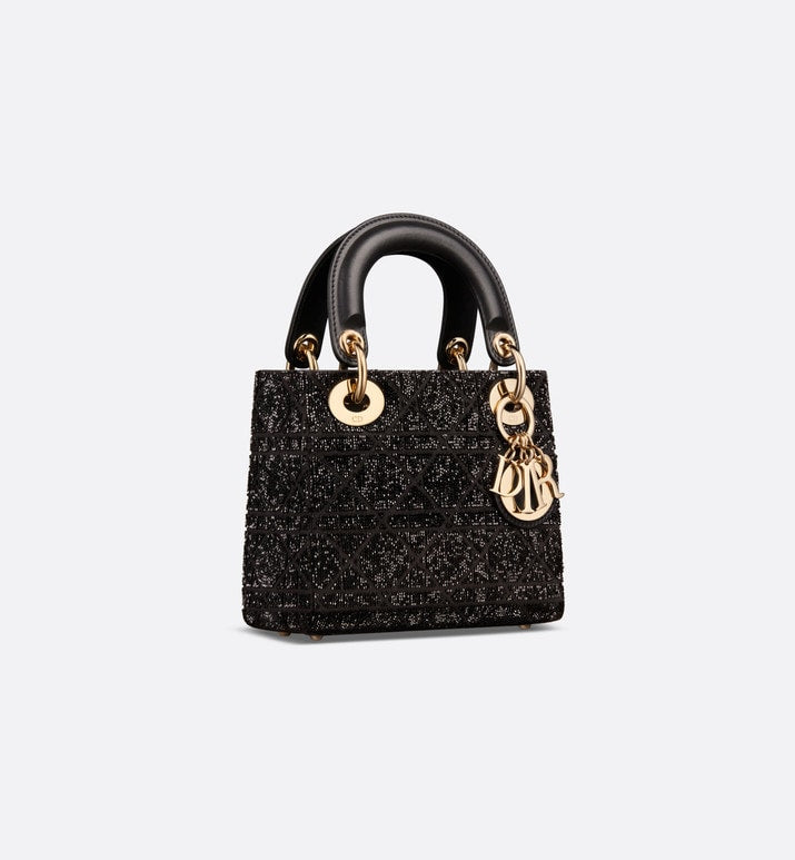 Mini Lady Dior Bag • Black Cannage Cotton with Micropearl Embroidery