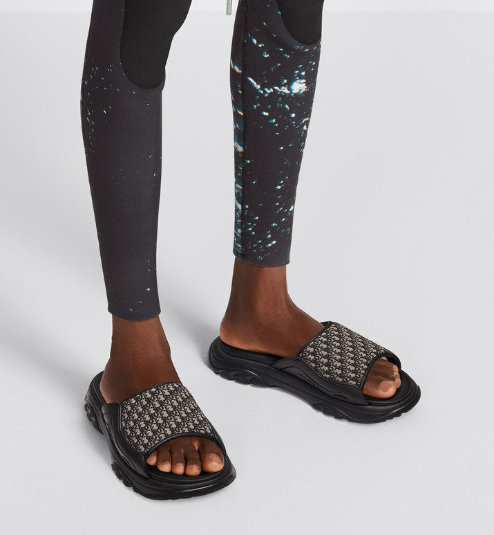 Dior H-Town Sandal • Black Rubber with Beige and Black Dior Oblique Jacquard