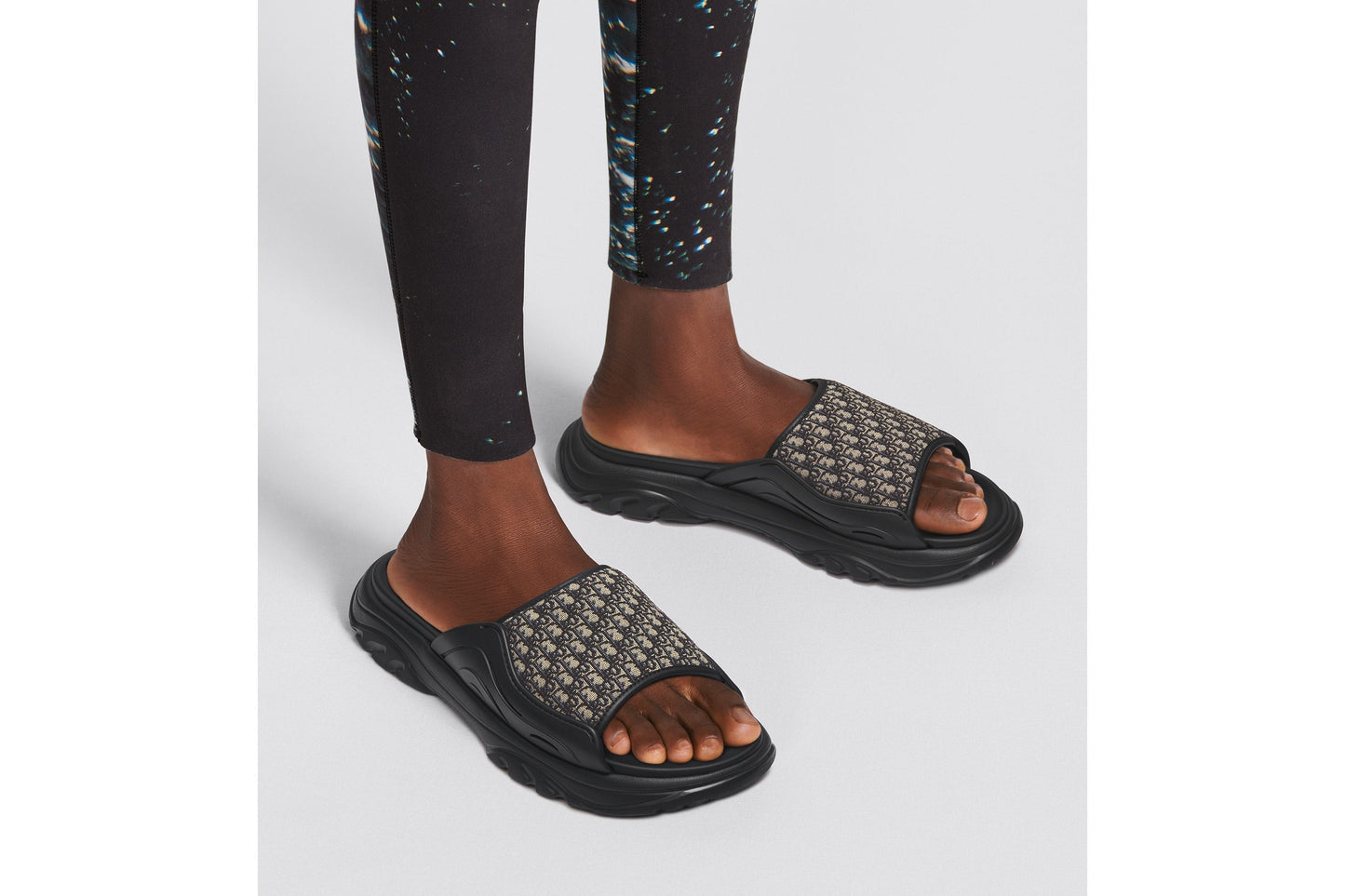 Dior H-Town Sandal • Black Rubber with Beige and Black Dior Oblique Jacquard