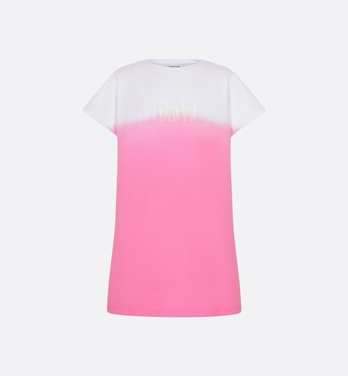 Kid's Straight-Cut Dress • Ivory and Pop Pink Dip-Dye Printed Cotton Jersey