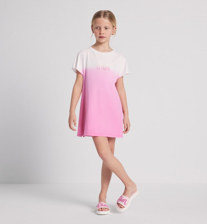 Kid's Straight-Cut Dress • Ivory and Pop Pink Dip-Dye Printed Cotton Jersey