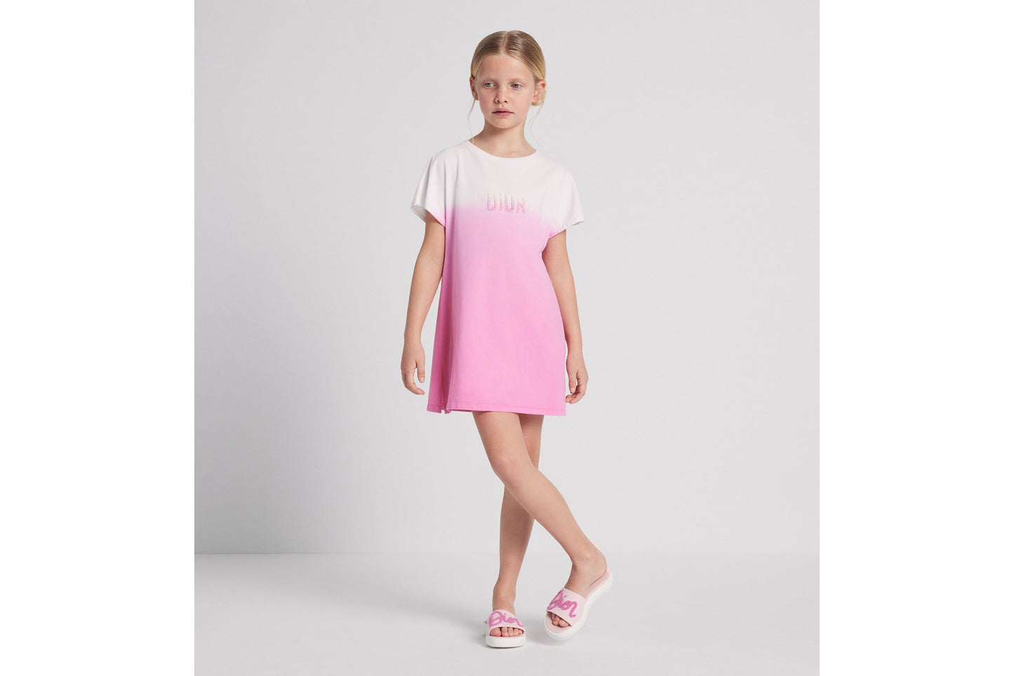 Kid's Straight-Cut Dress • Ivory and Pop Pink Dip-Dye Printed Cotton Jersey