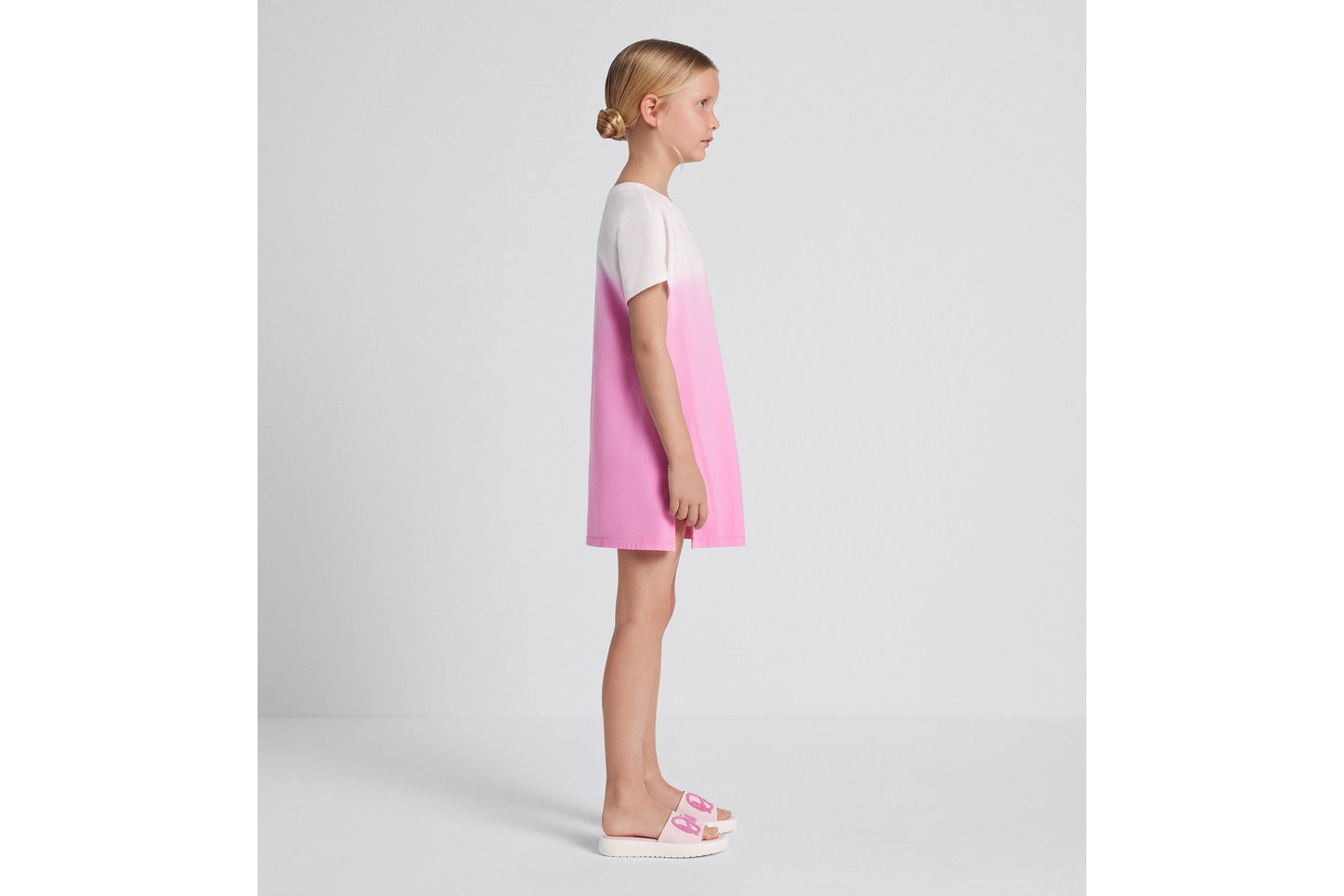 Kid's Straight-Cut Dress • Ivory and Pop Pink Dip-Dye Printed Cotton Jersey