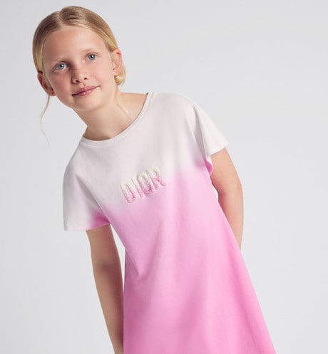 Kid's Straight-Cut Dress • Ivory and Pop Pink Dip-Dye Printed Cotton Jersey