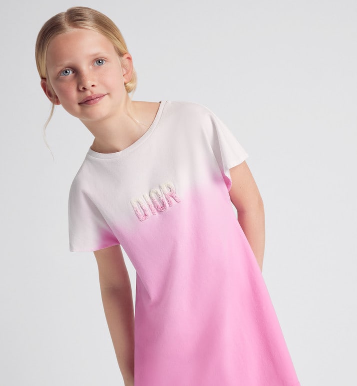 Kid's Straight-Cut Dress • Ivory and Pop Pink Dip-Dye Printed Cotton Jersey
