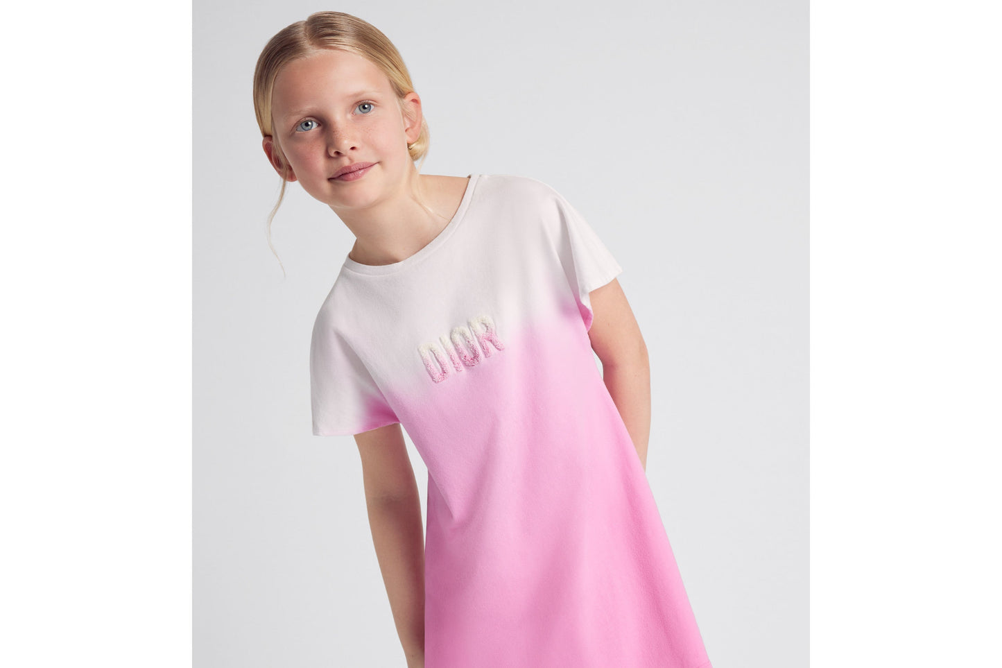 Kid's Straight-Cut Dress • Ivory and Pop Pink Dip-Dye Printed Cotton Jersey