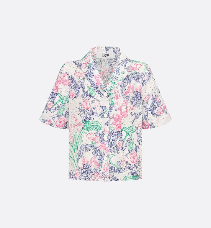 Kid's Short-Sleeved Shirt • Ivory Cotton Voile with Sparkly Multicolor Dior Botanica Print