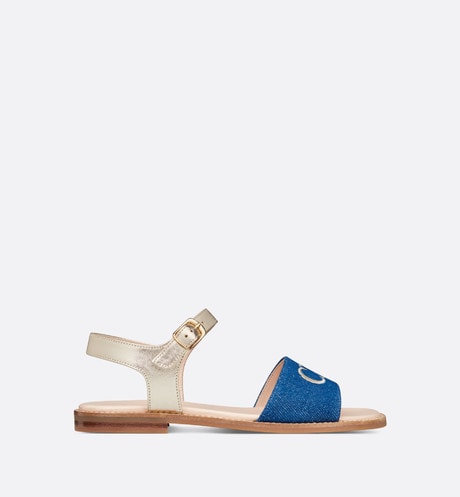 Kid's Sandal • Pale Gold-Tone Smooth Calfskin and Blue Cotton Denim