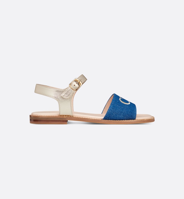 Kid's Sandal • Pale Gold-Tone Smooth Calfskin and Blue Cotton Denim
