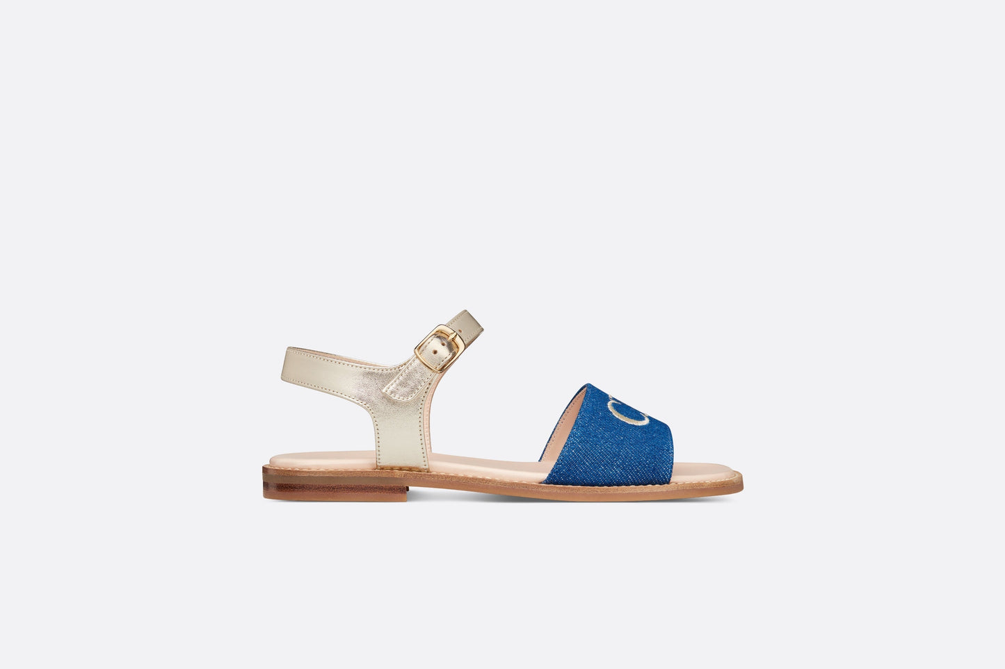Kid's Sandal • Pale Gold-Tone Smooth Calfskin and Blue Cotton Denim