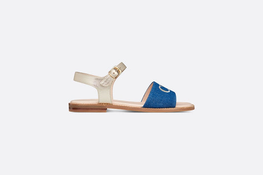 Kid's Sandal • Pale Gold-Tone Smooth Calfskin and Blue Cotton Denim