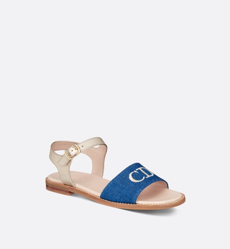 Kid's Sandal • Pale Gold-Tone Smooth Calfskin and Blue Cotton Denim