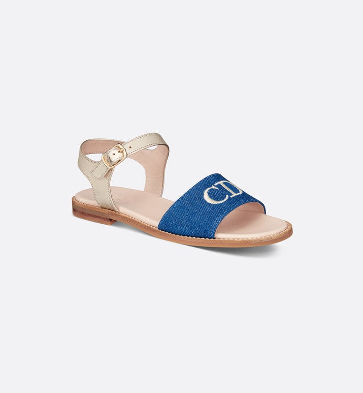 Kid's Sandal • Pale Gold-Tone Smooth Calfskin and Blue Cotton Denim