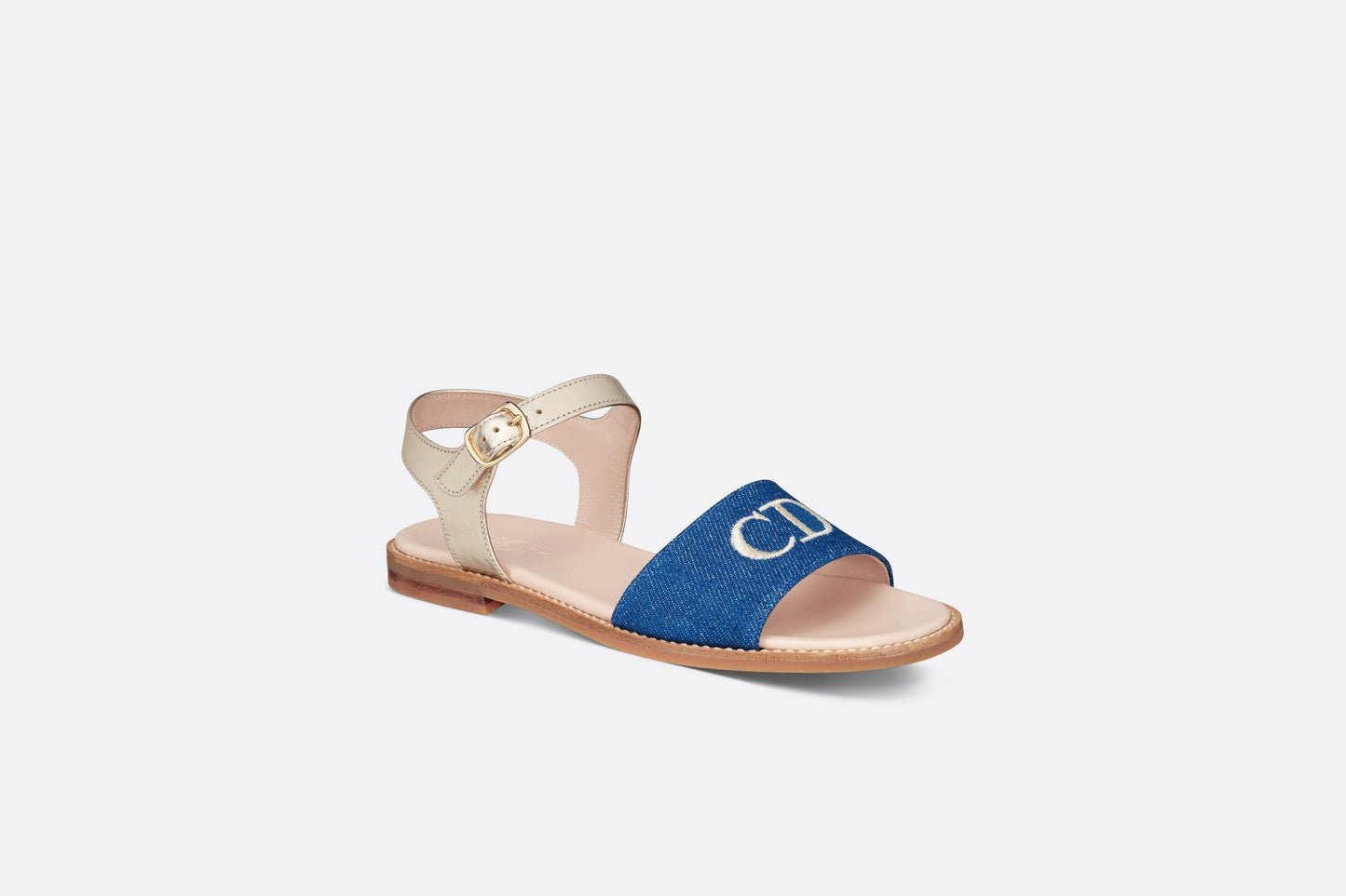 Kid's Sandal • Pale Gold-Tone Smooth Calfskin and Blue Cotton Denim