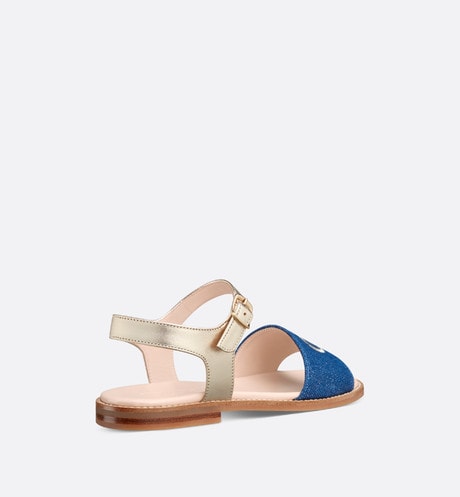 Kid's Sandal • Pale Gold-Tone Smooth Calfskin and Blue Cotton Denim