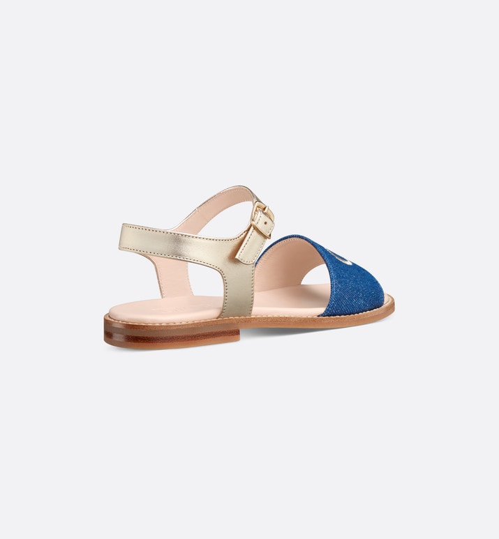 Kid's Sandal • Pale Gold-Tone Smooth Calfskin and Blue Cotton Denim