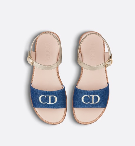 Kid's Sandal • Pale Gold-Tone Smooth Calfskin and Blue Cotton Denim