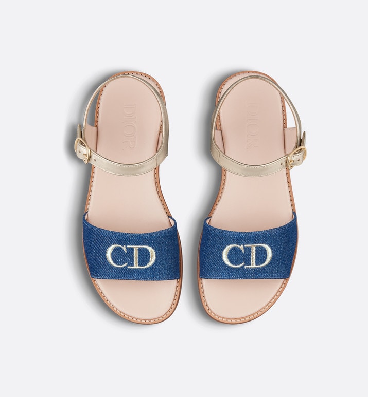 Kid's Sandal • Pale Gold-Tone Smooth Calfskin and Blue Cotton Denim