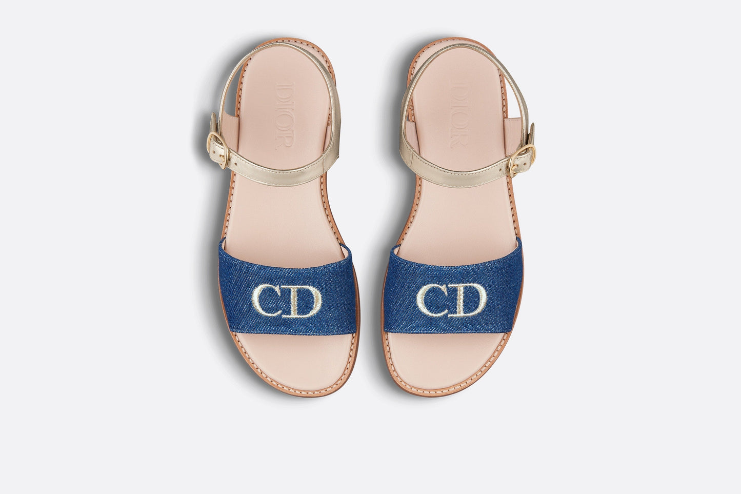 Kid's Sandal • Pale Gold-Tone Smooth Calfskin and Blue Cotton Denim