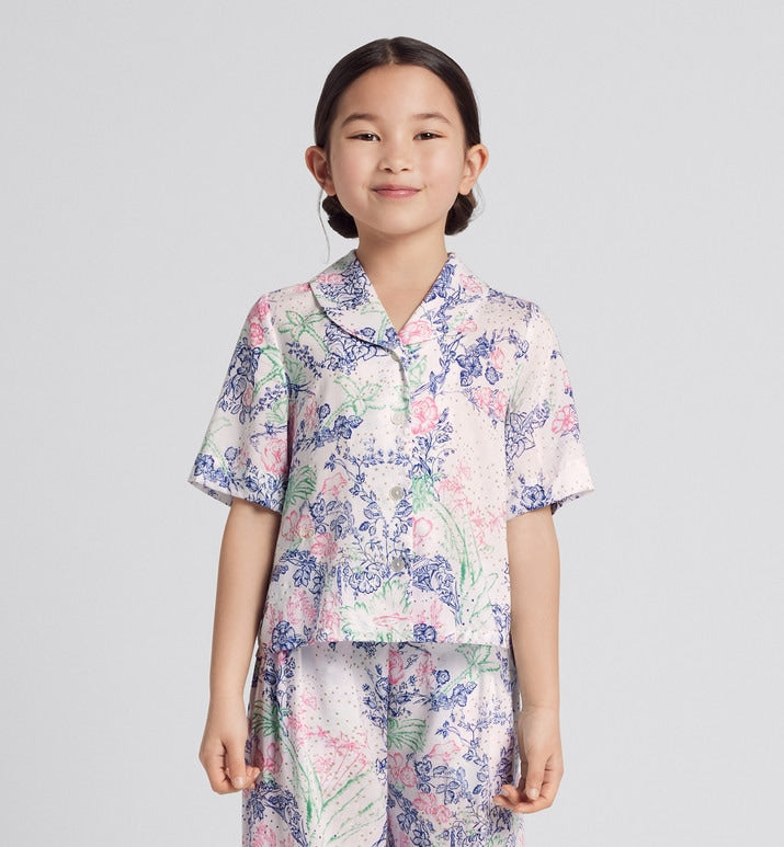 Kid's Short-Sleeved Shirt • Ivory Cotton Voile with Sparkly Multicolor Dior Botanica Print