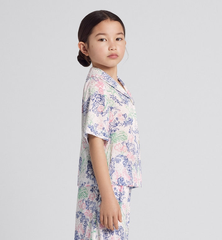 Kid's Short-Sleeved Shirt • Ivory Cotton Voile with Sparkly Multicolor Dior Botanica Print