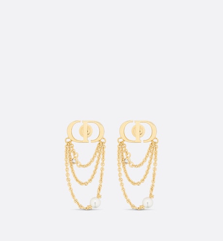 Petit CD Earrings • Gold-Finish Metal with White Resin Pearls and Silver-Tone Crystals