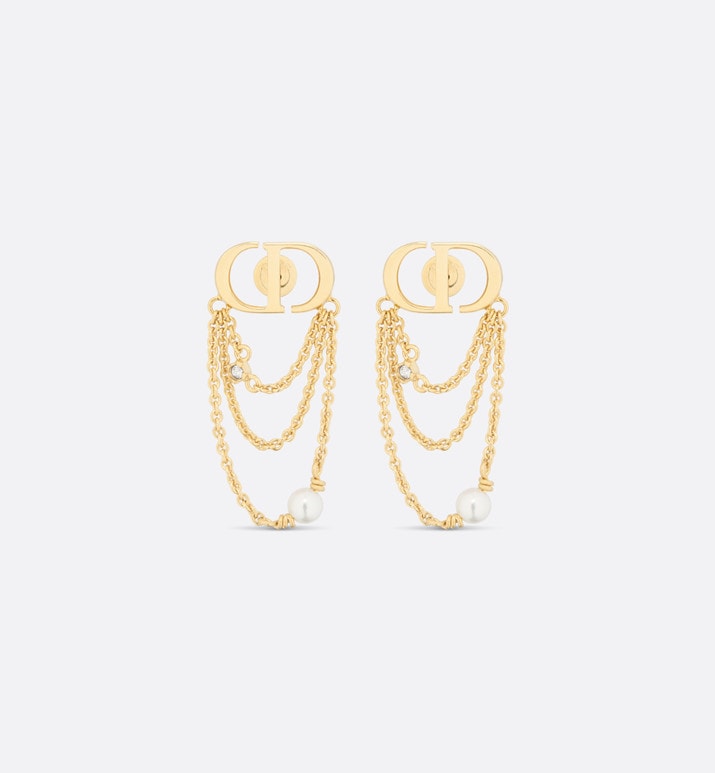 Petit CD Earrings • Gold-Finish Metal with White Resin Pearls and Silver-Tone Crystals