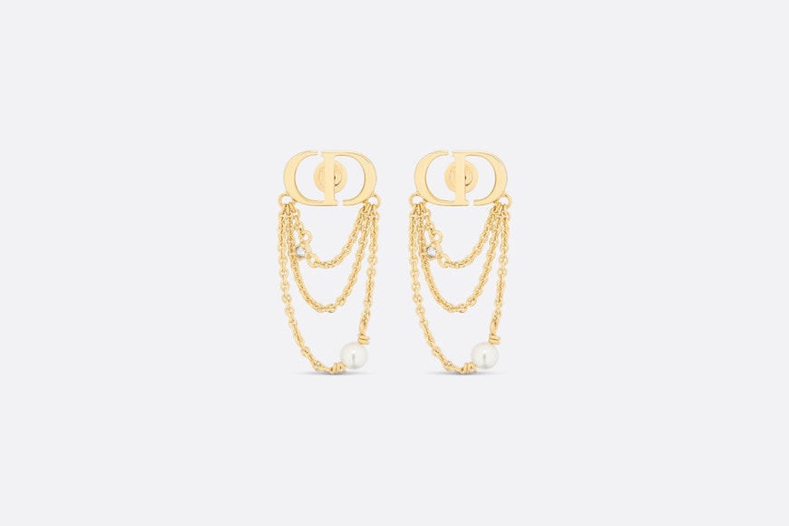 Petit CD Earrings • Gold-Finish Metal with White Resin Pearls and Silver-Tone Crystals