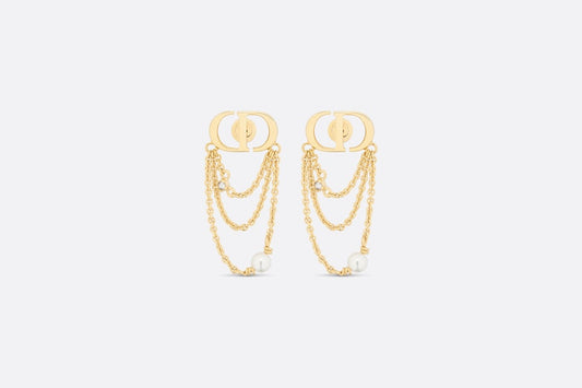 Petit CD Earrings • Gold-Finish Metal with White Resin Pearls and Silver-Tone Crystals