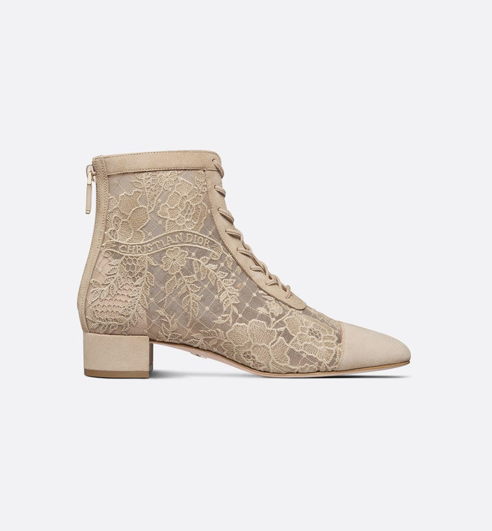 Naughtily-D Ankle Boot • Transparent Mesh and Sand-Colored Suede Embroidered with Dior Roses Motif