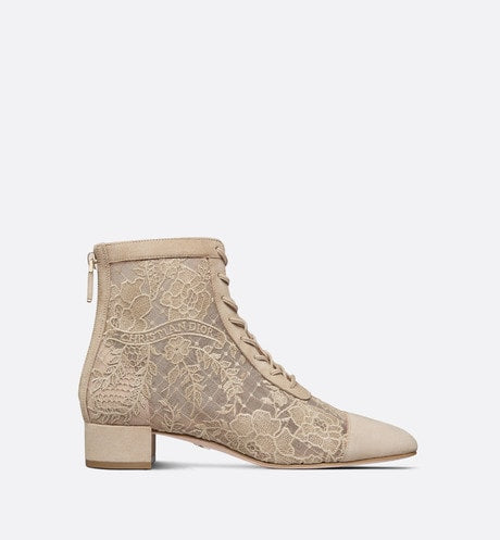 Naughtily-D Ankle Boot • Transparent Mesh and Sand-Colored Suede Embroidered with Dior Roses Motif