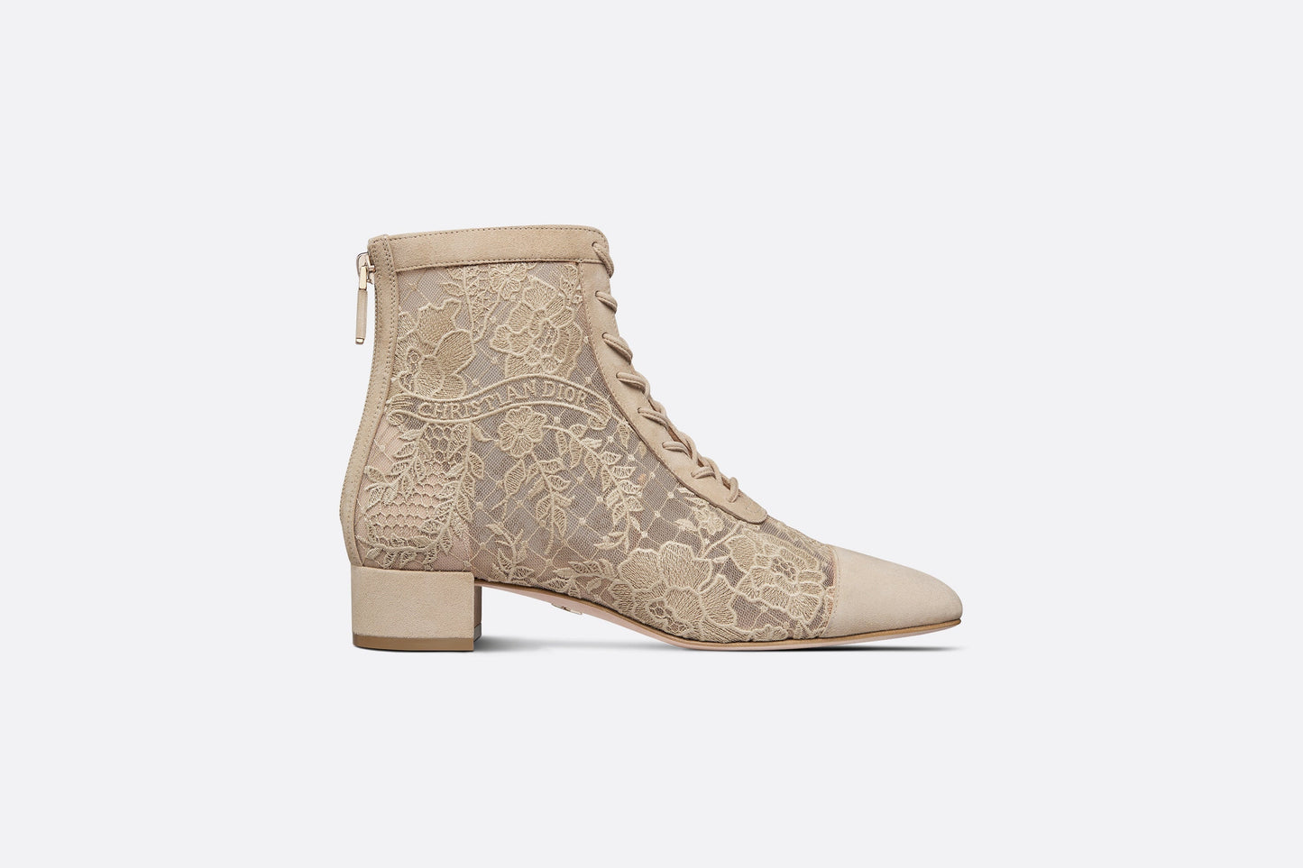 Naughtily-D Ankle Boot • Transparent Mesh and Sand-Colored Suede Embroidered with Dior Roses Motif