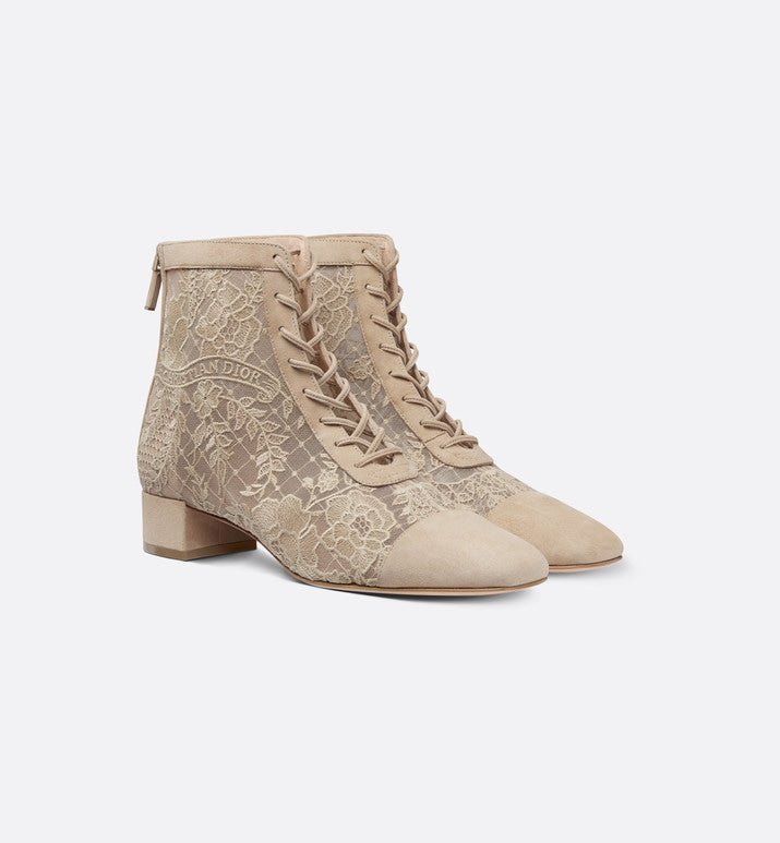 Naughtily-D Ankle Boot • Transparent Mesh and Sand-Colored Suede Embroidered with Dior Roses Motif