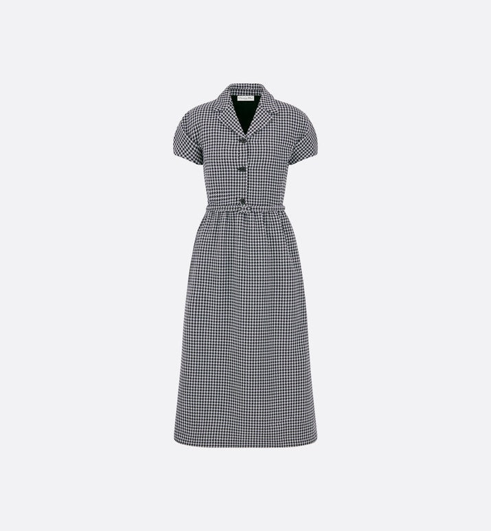 Regular-Fit Mid-Length Dress with Puff Sleeves • Black and White Houndstooth Wool