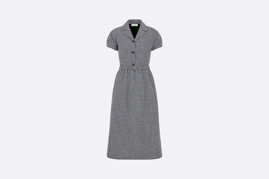 Regular-Fit Mid-Length Dress with Puff Sleeves • Black and White Houndstooth Wool