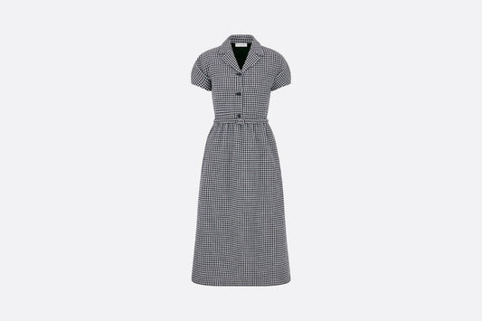 Regular-Fit Mid-Length Dress with Puff Sleeves • Black and White Houndstooth Wool