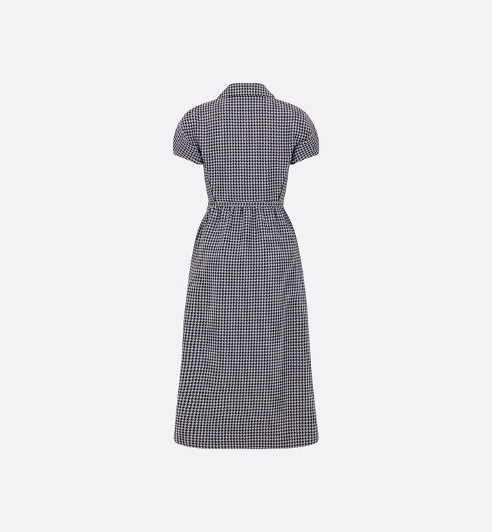 Regular-Fit Mid-Length Dress with Puff Sleeves • Black and White Houndstooth Wool