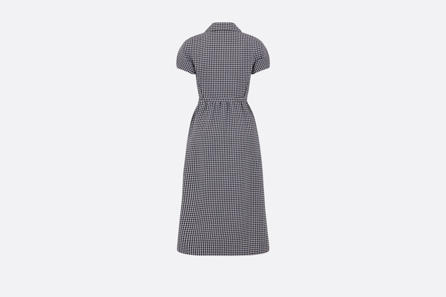 Regular-Fit Mid-Length Dress with Puff Sleeves • Black and White Houndstooth Wool