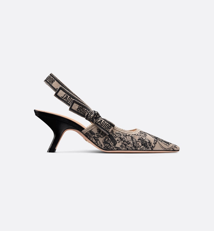 J'Adior Slingback Pump • Beige and Black Cotton Embroidered with Plan de Paris Motif