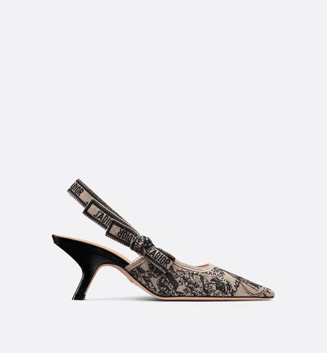 J'Adior Slingback Pump • Beige and Black Cotton Embroidered with Plan de Paris Motif