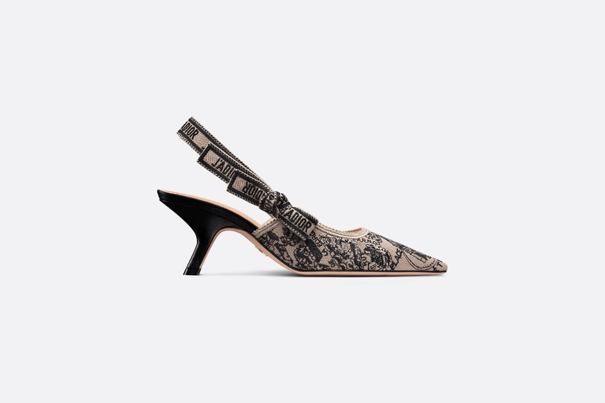 J'Adior Slingback Pump • Beige and Black Cotton Embroidered with Plan de Paris Motif