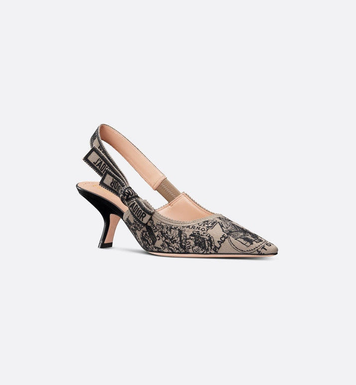 J'Adior Slingback Pump • Beige and Black Cotton Embroidered with Plan de Paris Motif
