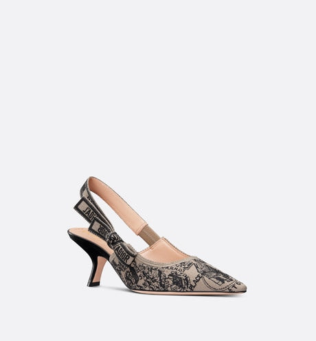 J'Adior Slingback Pump • Beige and Black Cotton Embroidered with Plan de Paris Motif