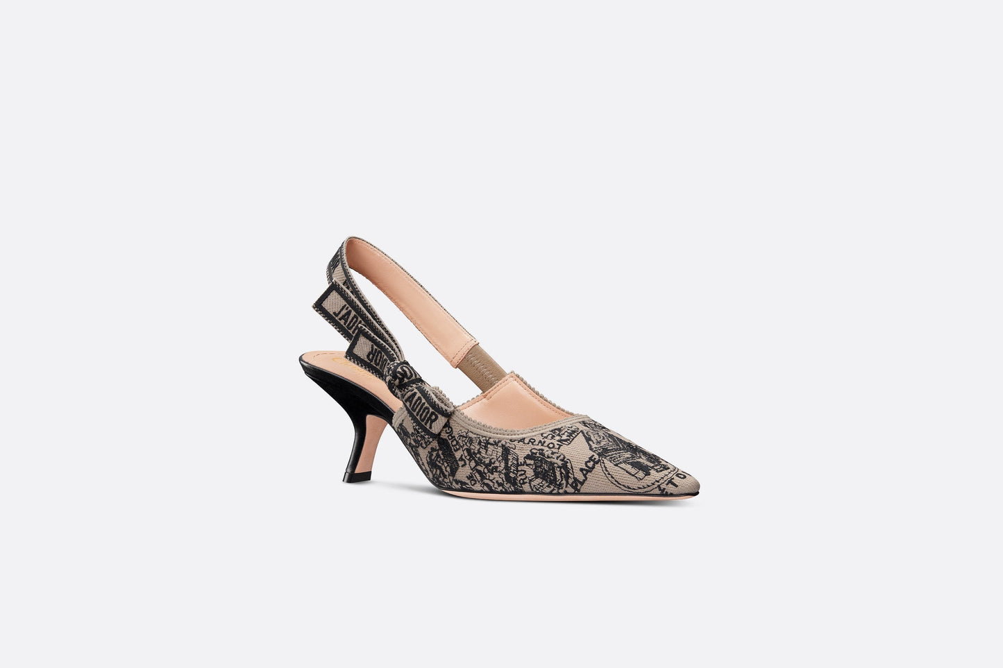 J'Adior Slingback Pump • Beige and Black Cotton Embroidered with Plan de Paris Motif
