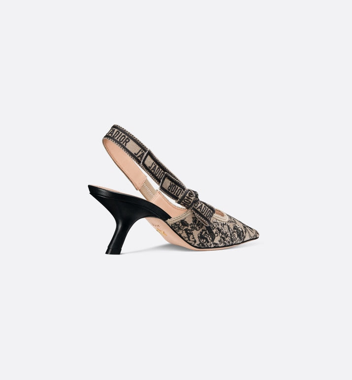 J'Adior Slingback Pump • Beige and Black Cotton Embroidered with Plan de Paris Motif