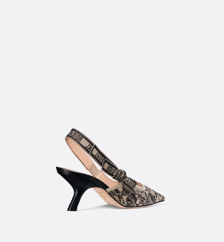 J'Adior Slingback Pump • Beige and Black Cotton Embroidered with Plan de Paris Motif