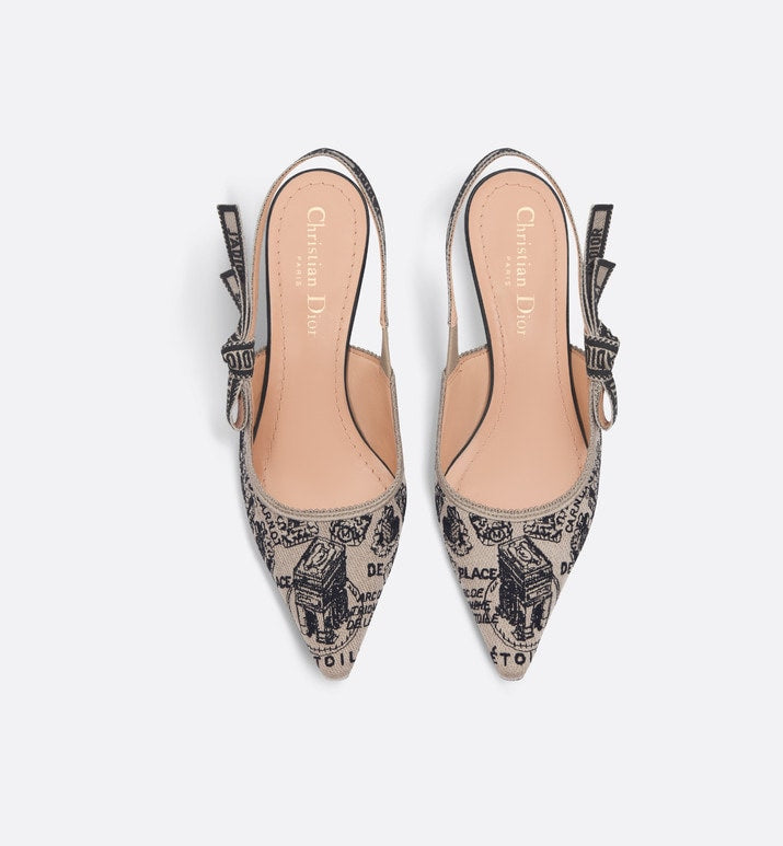 J'Adior Slingback Pump • Beige and Black Cotton Embroidered with Plan de Paris Motif