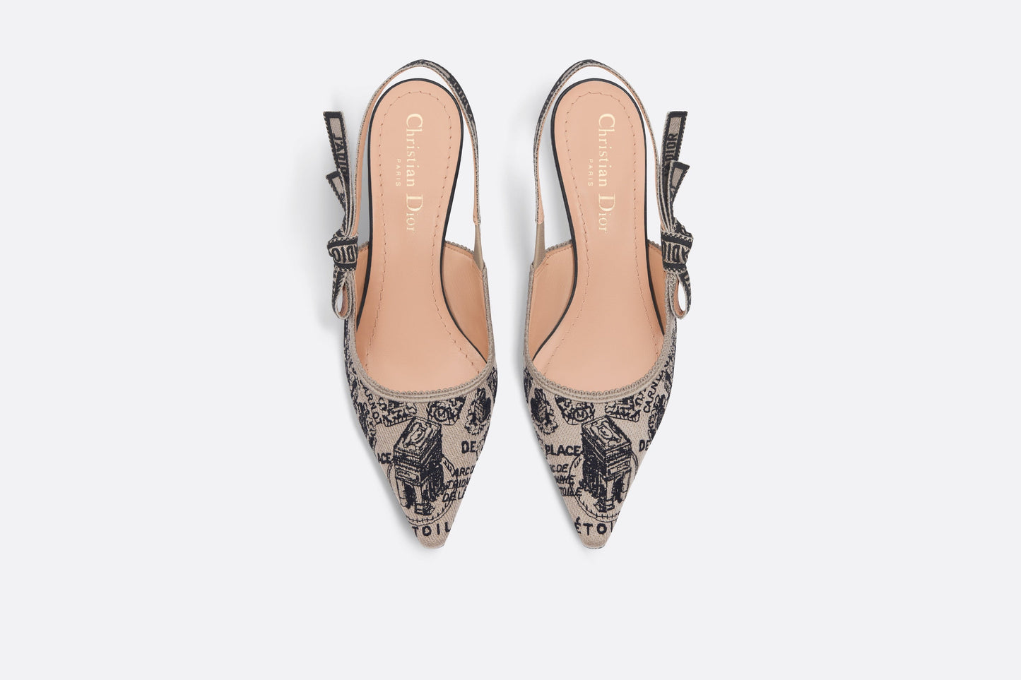J'Adior Slingback Pump • Beige and Black Cotton Embroidered with Plan de Paris Motif